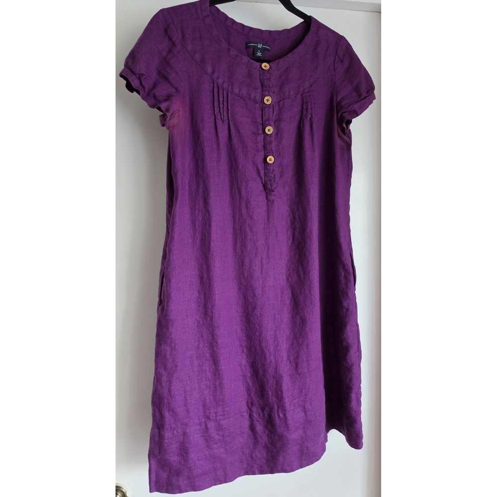 Gap Linen Dress Size 8 Women Casual Purple Solid Round Neck Short Sleeve Shift